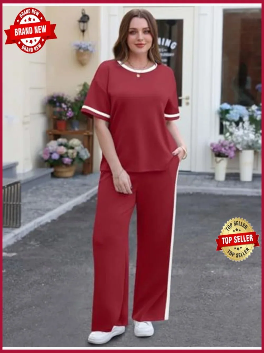 2 Piece Lounge Set Matching Summer Outfits Wide Leg Pants with Pockets